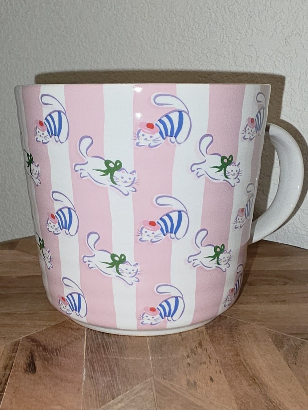 Prima Designs Pink And White Striped Ceramic Mug with Playful Cat Motif